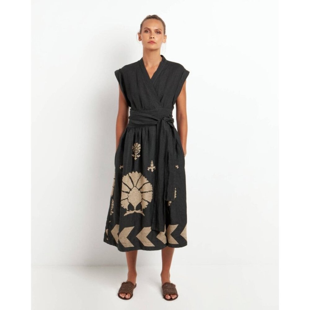 Greek Archaic Kori Linen Embroidered Peacock Dress - Gray/Gold Size XS